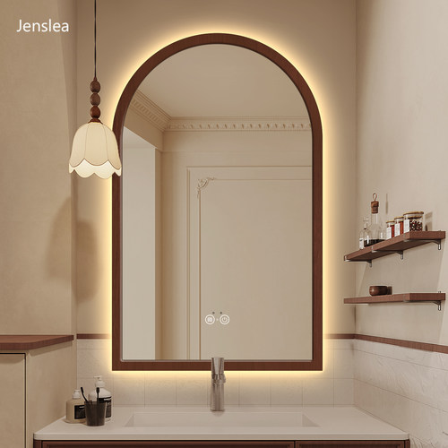 中古风拱形卧室挂墙超白化妆镜卫生间实木边框带灯高端智能浴室镜