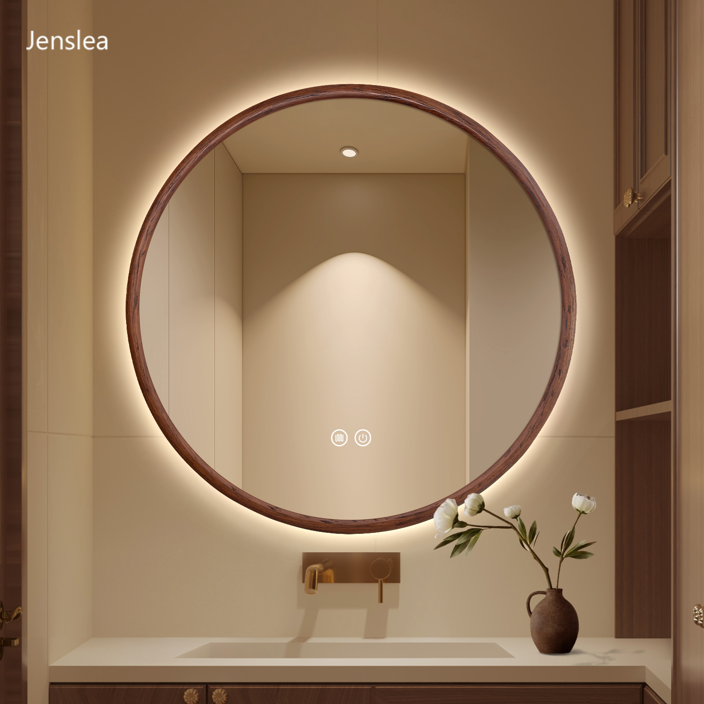 正圆复古风卧室梳妆台实木化妆镜子卫生间带灯智能家用除雾浴室镜