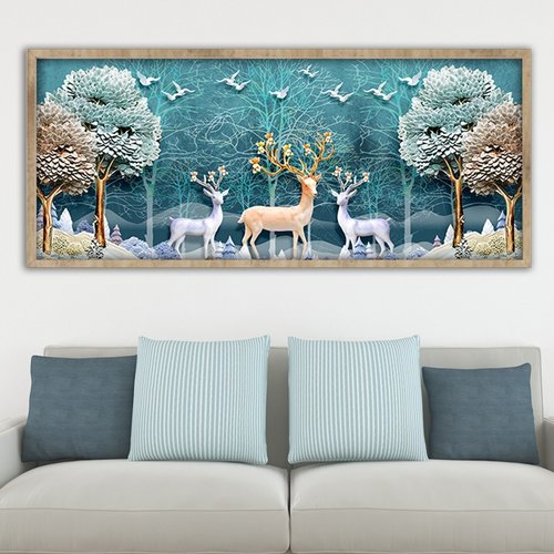 2025年新款5D钻石画满钻发财鹿客厅三联画欧式水晶点贴十字绣大幅