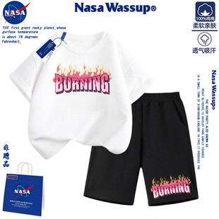 WASSUP联名字母印花男女童T恤短袖短裤套装男夏季纯棉休闲两件套
