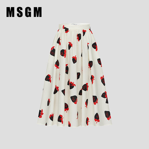 MSGM早秋新款女士优雅百搭草莓印花撞色纯棉长款百褶半身裙
