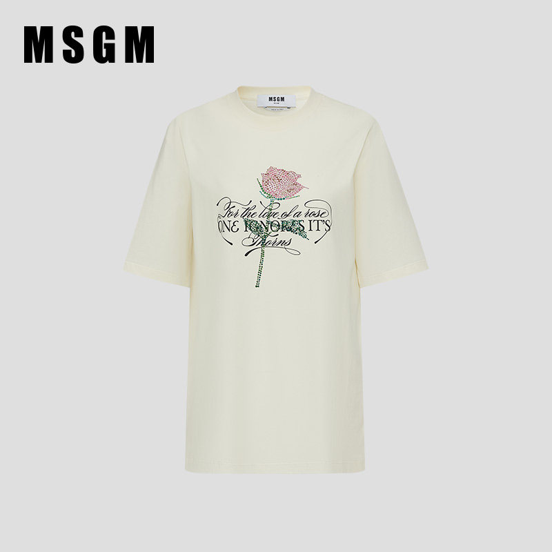 MSGM早春新款女士水钻玫瑰宽松字母印花圆领短袖T恤