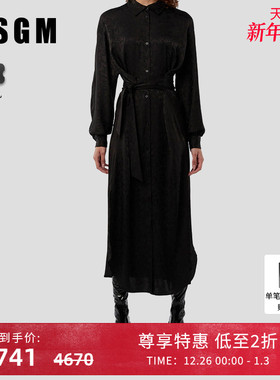 MSGM女士字母印花长款收腰黑色衬衫式连衣裙长裙秋季长袖显瘦显高