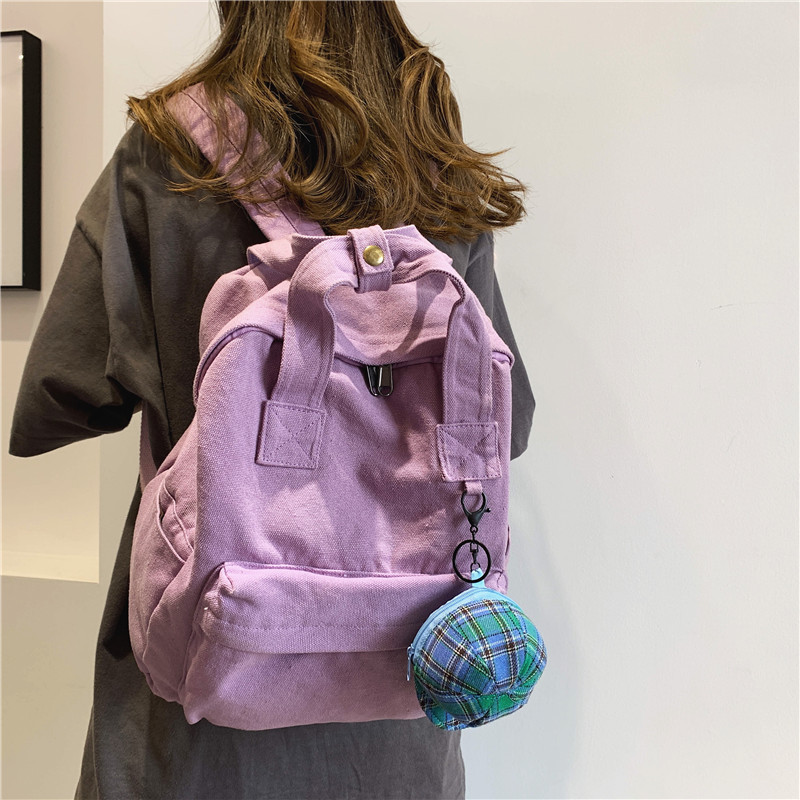 T书包女大学生帆布包双肩包女学院风纯色韩版学生背包复古休闲包