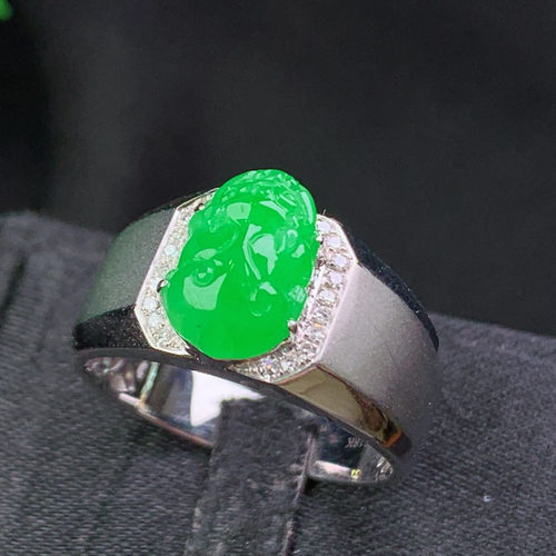 翠秦之皇冰阳绿貔貅戒指 18k金镶嵌天然缅甸翡翠A货水润细腻种老