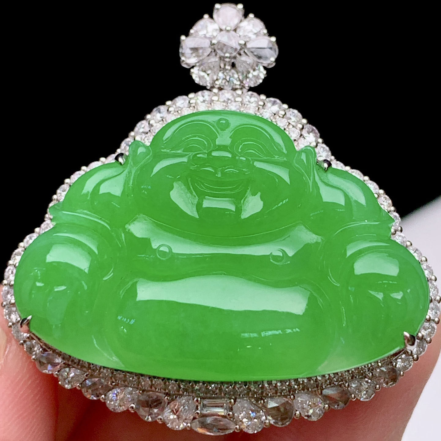 翠秦之皇冰阳绿佛公吊坠 18k金镶嵌天然缅甸A货翡翠饱满大气起光