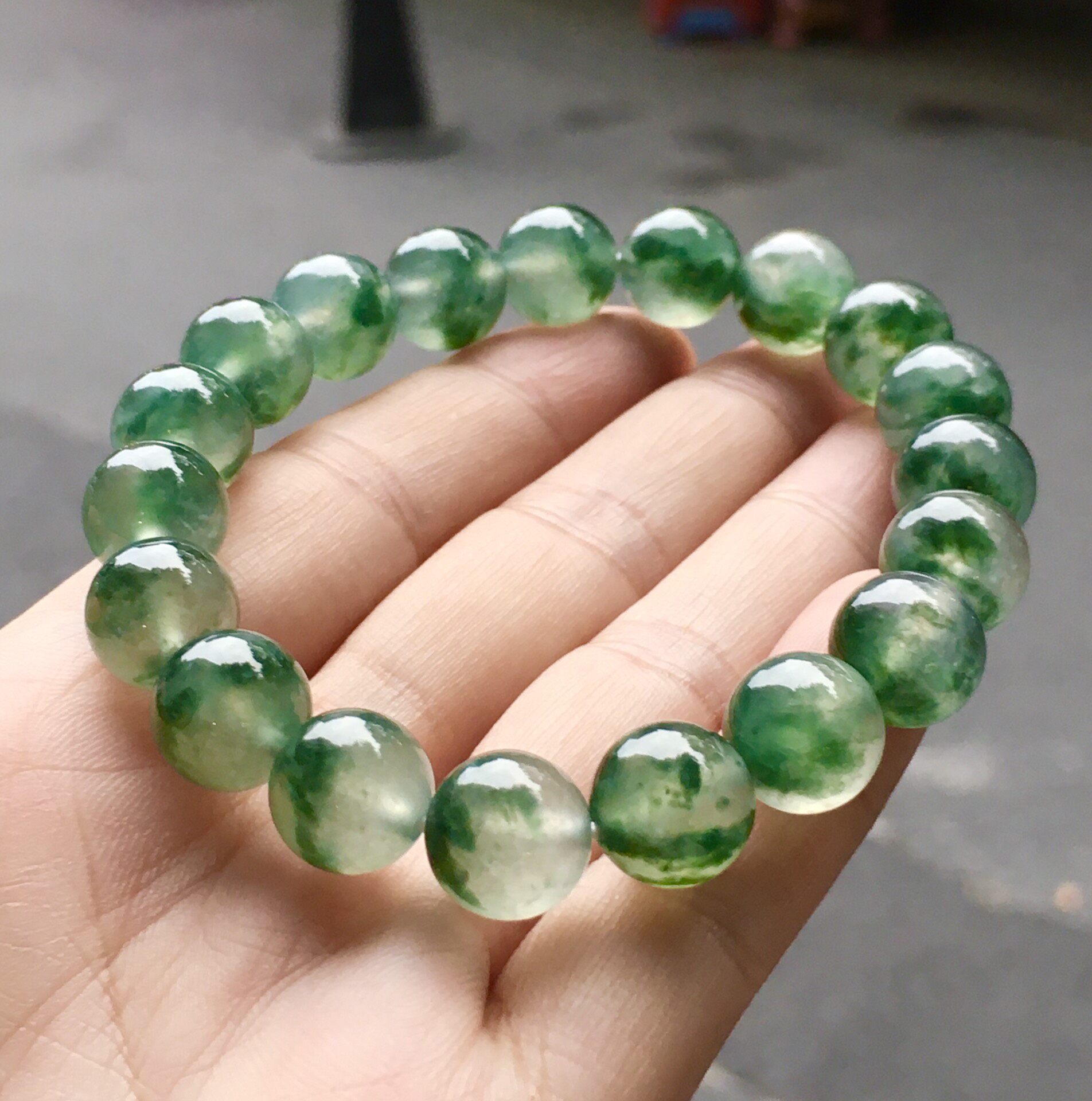 翠秦之皇高冰飘绿花珠珠手串 天然翡翠A货缅甸玉石饱满圆润