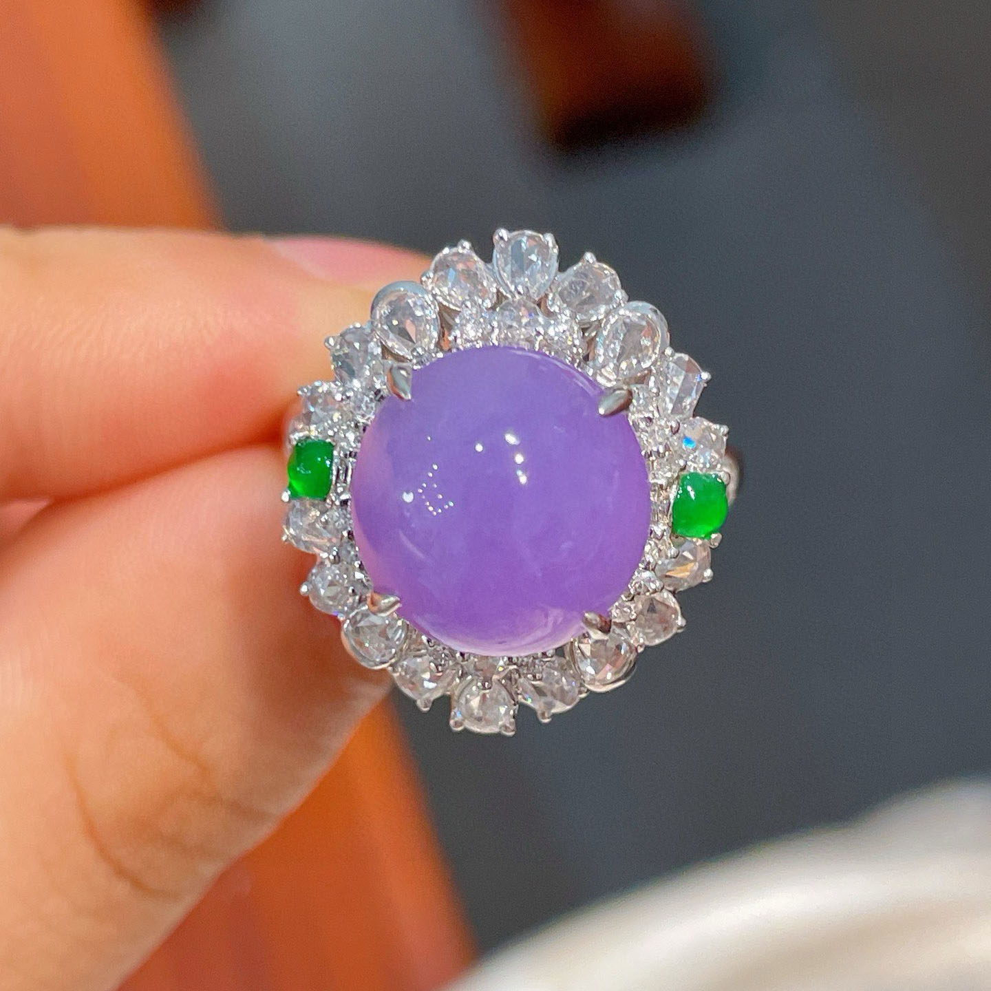 翠秦之皇冰紫罗兰蛋面戒指 18k金镶嵌天然翡翠A货高档礼物收藏