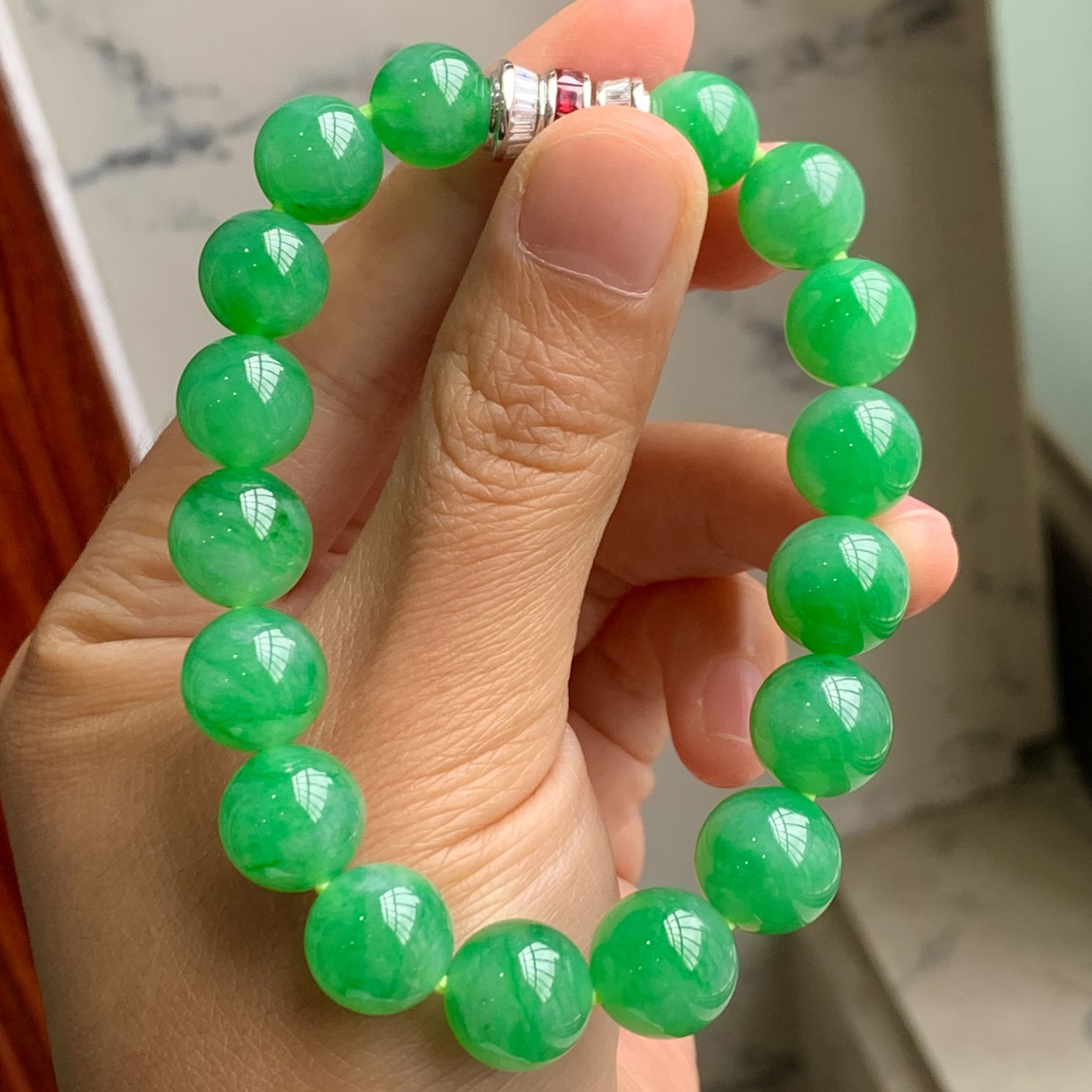 翠秦之皇高冰正阳绿珠珠手串  18k金钻石镶嵌缅甸老坑种天然翡翠