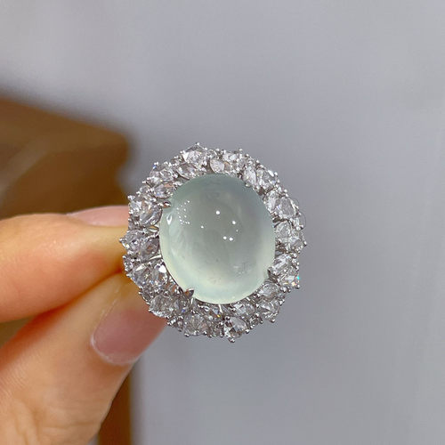 翠秦之皇高冰蛋面戒指 18k金钻石镶嵌天然A货翡翠饱满莹润冰透