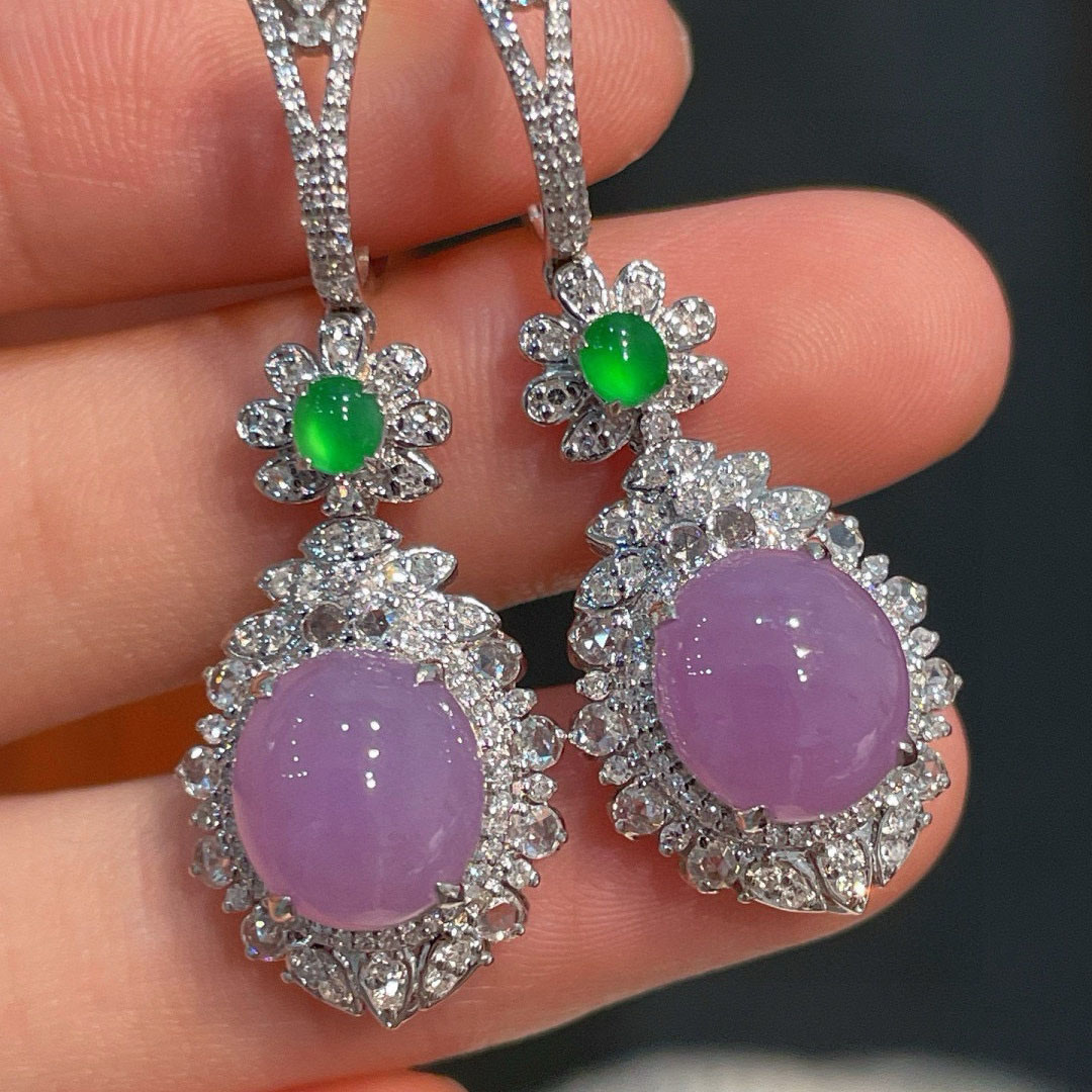 翠秦之皇冰紫罗兰蛋面耳坠 18k金镶嵌天然翡翠A货种色兼备气质