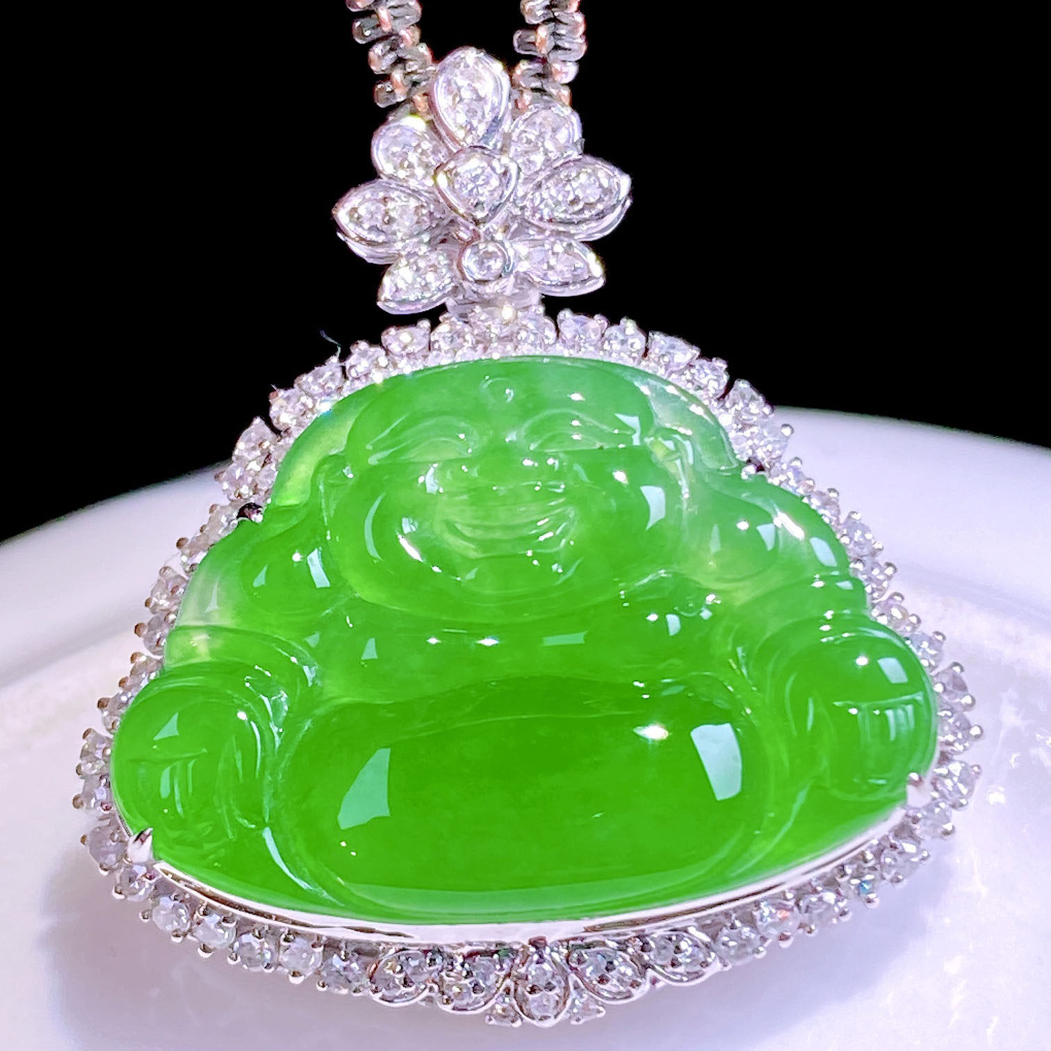 翠秦之皇冰阳绿佛公吊坠 18k金镶嵌天然翡翠A货高档礼物收藏