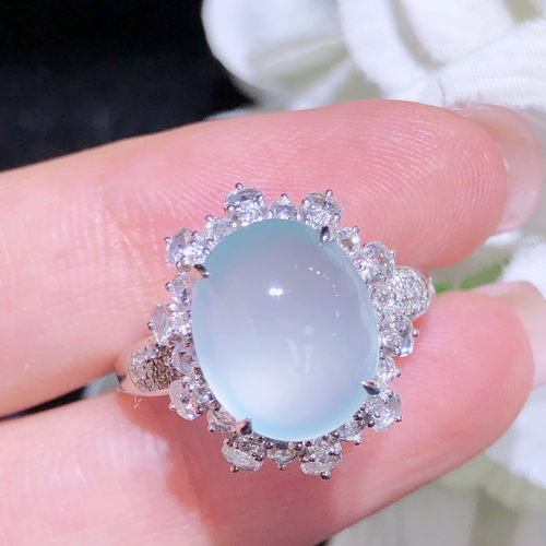 翠秦之皇高冰蛋面戒指 18k金钻石镶嵌天然A货翡翠饱满莹润冰透