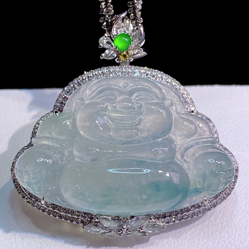 翠秦之皇玻璃种美佛公吊坠 18k金镶嵌天然缅甸翡翠细腻饱满圆润