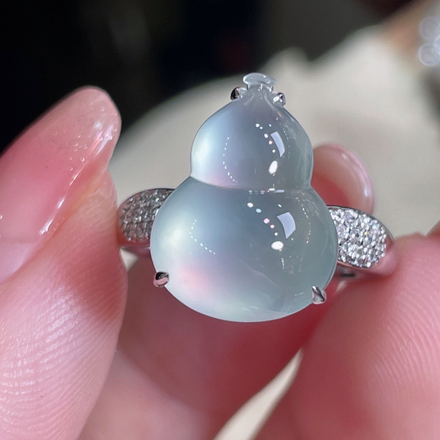 翠秦之皇冰白冰葫芦戒指 18k金镶嵌天然翡翠A货高档礼物收藏