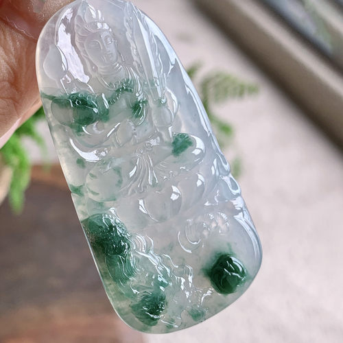 翠秦之皇冰飘花御龙虚空藏菩萨牌吊坠 玉石老坑种天然翡翠A货