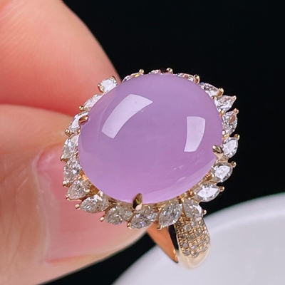 翠秦之皇冰紫罗兰蛋面戒指 18k金镶嵌天然翡翠A货种色兼备气质