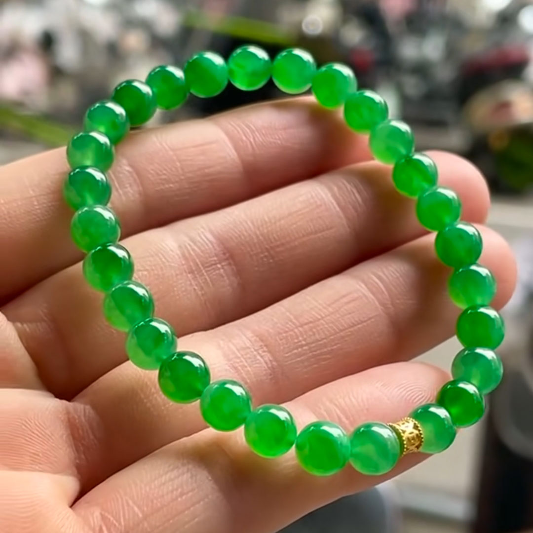 翠秦之皇冰阳绿圆珠手串 玉石老坑种天然翡翠A货
