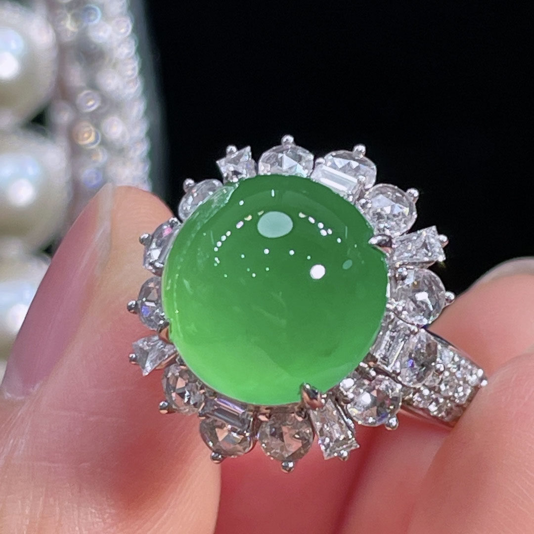 翠秦之皇冰阳绿蛋面戒指 18k金镶嵌天然翡翠A货高档礼物收藏