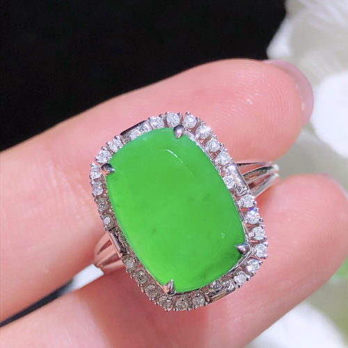 翠秦之皇冰阳绿方牌戒指 18k金镶嵌天然缅甸翡翠A货水润细腻种老