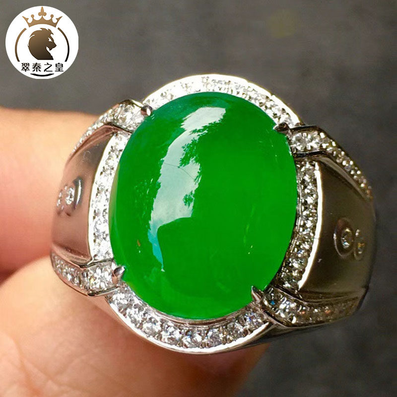 翠秦之皇高冰正阳绿蛋面男士戒指 18k金钻石镶嵌天然缅甸翡翠a货