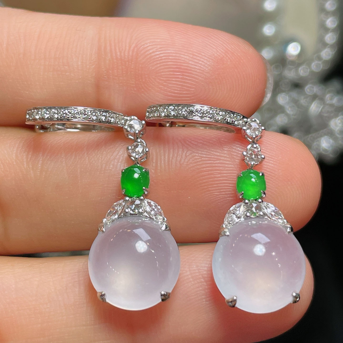翠秦之皇冰白冰蛋面耳环 18k金钻石镶嵌天然A货翡翠饱满莹润冰透