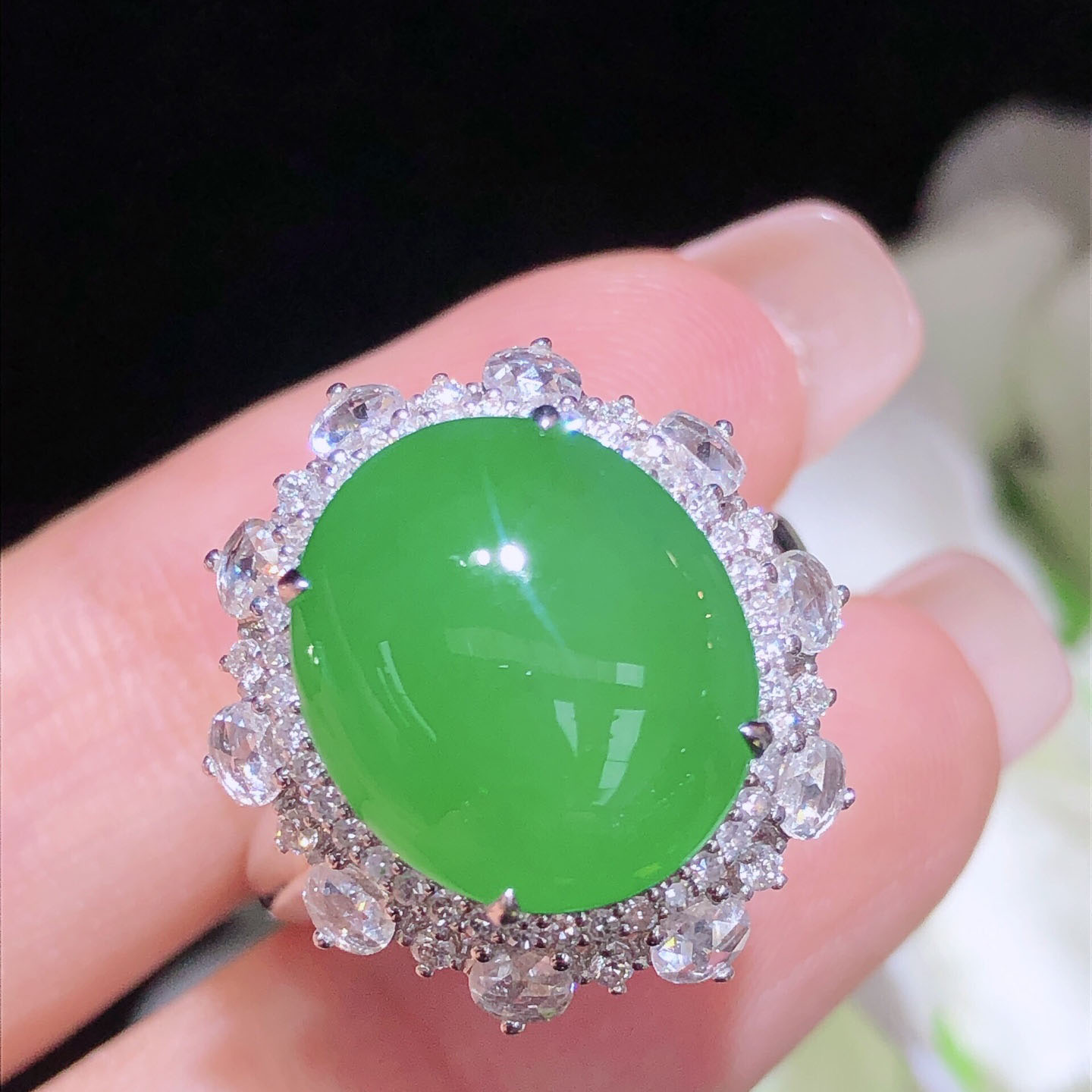 翠秦之皇冰阳绿蛋面戒指 18k金镶嵌天然翡翠A货高档礼物收藏