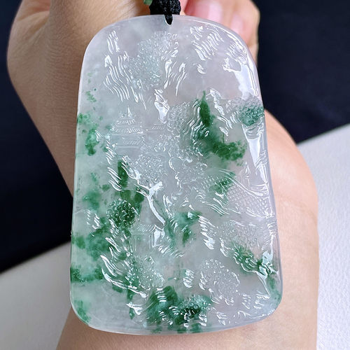 翠秦之皇高冰飘花山水牌吊坠 玉石老坑种天然翡翠A货高档礼物收藏