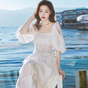 气质超仙裙子海边度假风长裙旅游拍照穿搭沙滩裙 白色连衣裙女法式