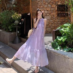 高级感紫色花朵挂脖连衣裙女夏季 法式 海边度假温柔绝美超仙长裙子