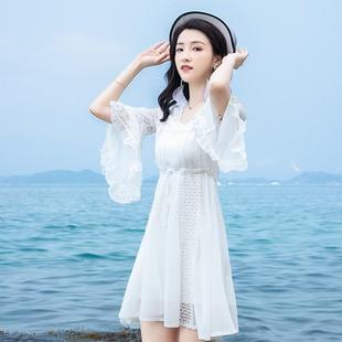 雪纺蕾丝短裙超仙女海边度假沙滩裙 海南三亚白色旅游连衣裙花瓣袖
