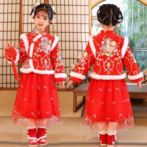 韩式新年拜年服秋冬装女童旗袍套装公主风汉服儿童唐装中国宝宝礼
