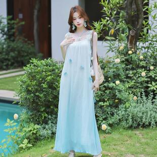 2025巨好看蓝色吊带连衣裙超仙女海边度假沙滩长裙夏日绝美小裙子