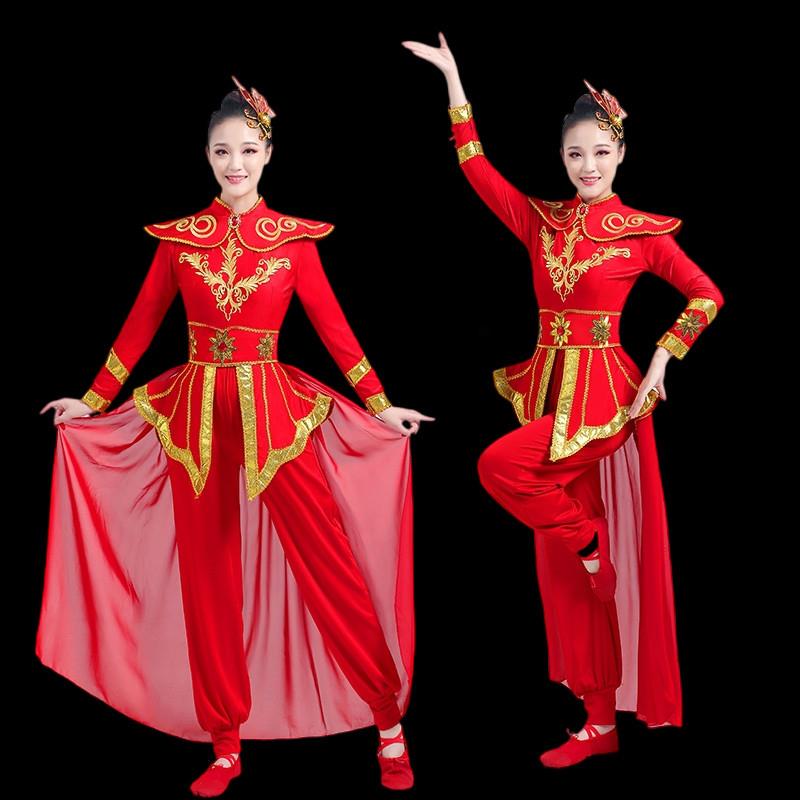 韩式新款腰鼓服红色喜庆开场服锣鼓女飘逸扇子舞打鼓舞大气演出服