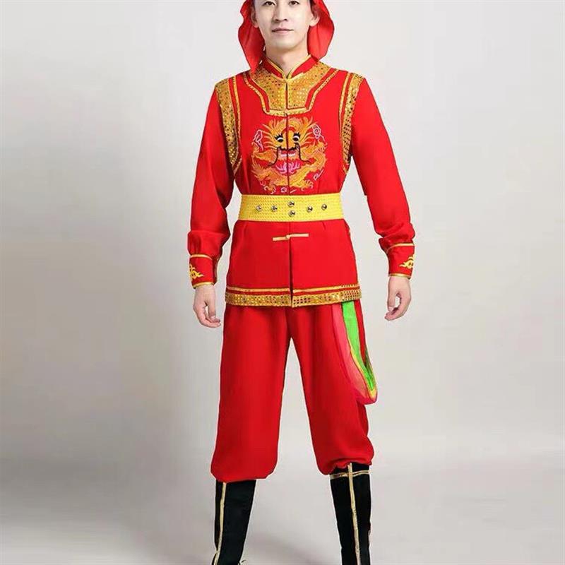 韩式红色打鼓服演出服中国服舞龙服装男女龙灯腰鼓队服威风黄色锣