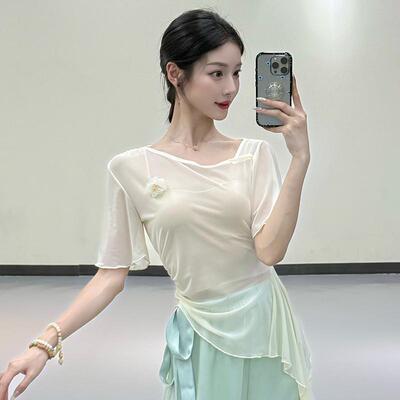 曼丽古典舞蹈服女身韵花朵纱衣春夏短袖中国舞现代舞练功服上衣