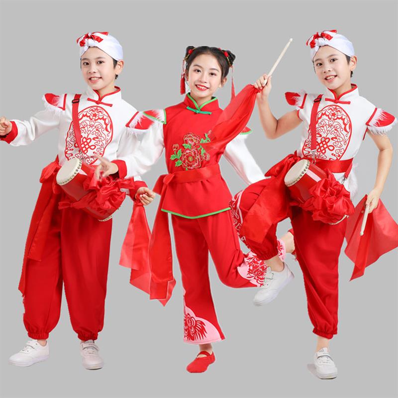 韩式一六儿童安塞腰鼓出学生秧歌服喜庆中国风鼓儿演服民族打幼表