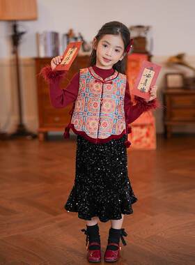 汉服女童套装2025款冬装新款新中式国风提花唐装马甲儿童两件套裙