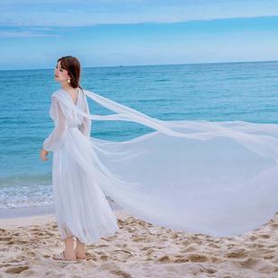 三亚旅游拍照连衣裙海边超仙拖尾白色度假沙滩裙女红色拖地长裙夏
