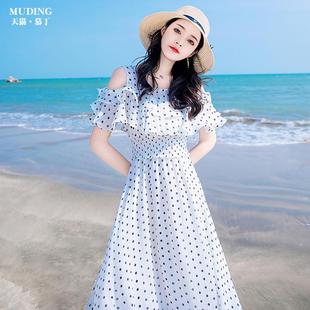 白色露肩波点法式 夏季 连衣裙雪纺长裙仙女超仙沙滩裙海边度假裙子