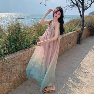 超仙绝美漂亮海边度假沙滩裙 仙气风渐变色薄纱吊带连衣裙女夏法式