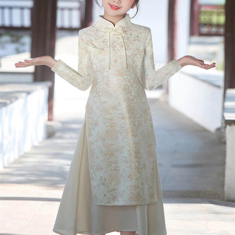 女童旗袍汉服儿童国风新中式唐装连衣裙中大童古筝演出服春秋长袖