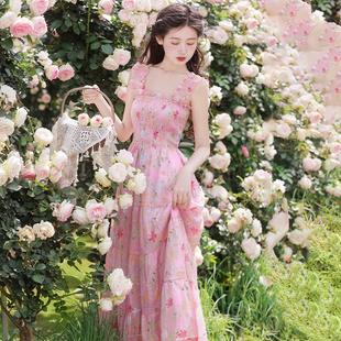 法式 显瘦海边度假仙女沙滩裙 甜美超仙碎花吊带连衣裙夏季 气质修身