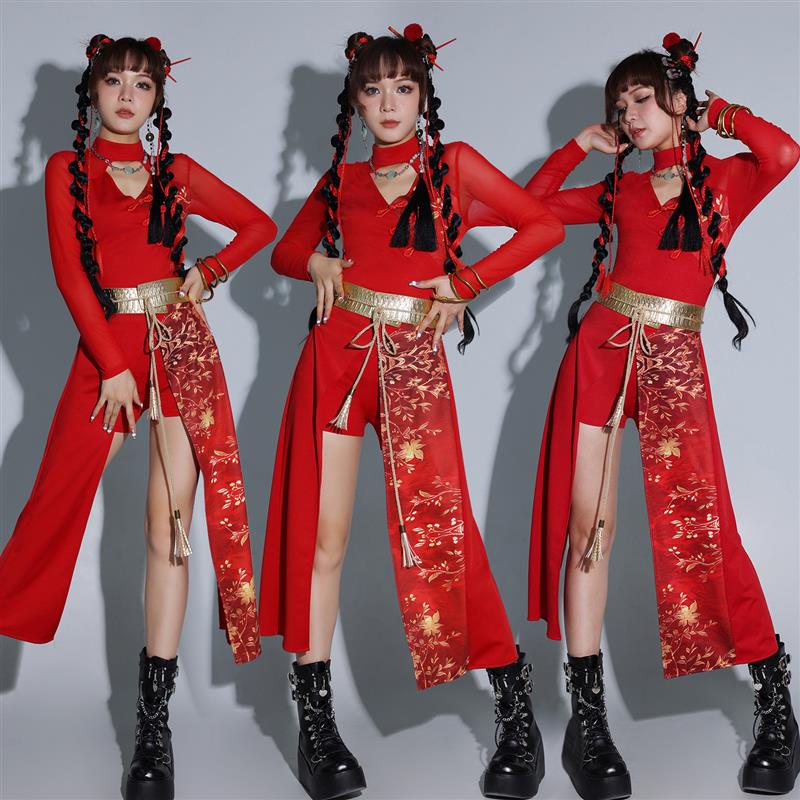 韩式红色女团演出服新款套装年会跳舞衣服国风打鼓人成服爵士舞蹈