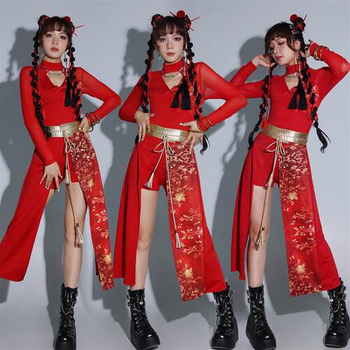 韩式红色女团演出服新款套装年会跳舞衣服国风打鼓人成服爵士舞蹈