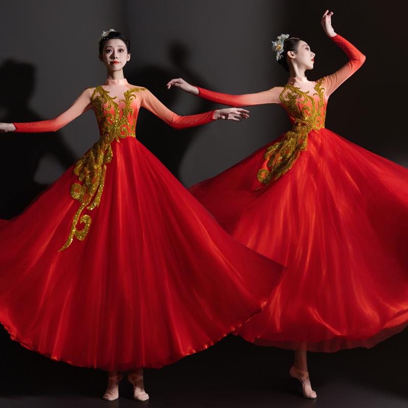 韩式红色摆裙舞大服女成人中国风古典舞蹈开场飘逸现代伴舞服装演