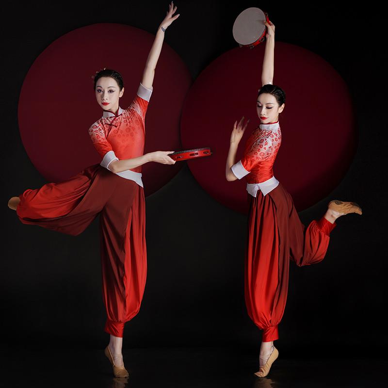 韩式秧歌舞蹈服装风舞腰鼓女鼓舞中国演出服红色扇子舞广场打套装