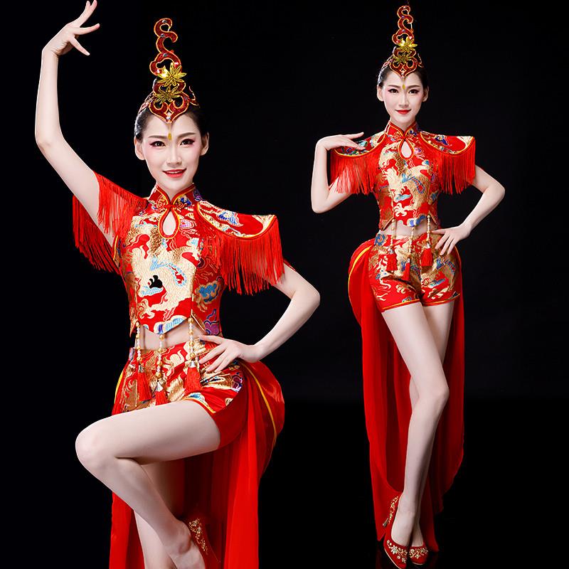 韩式打鼓女演出服服旗袍开场风水鼓喜庆腰鼓现代舞中国舞蹈服装夏