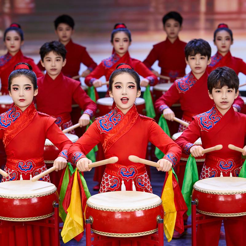 韩式儿童女童演出服装中国新款风红色2026丰收锣鼓大鼓服装腰鼓舞