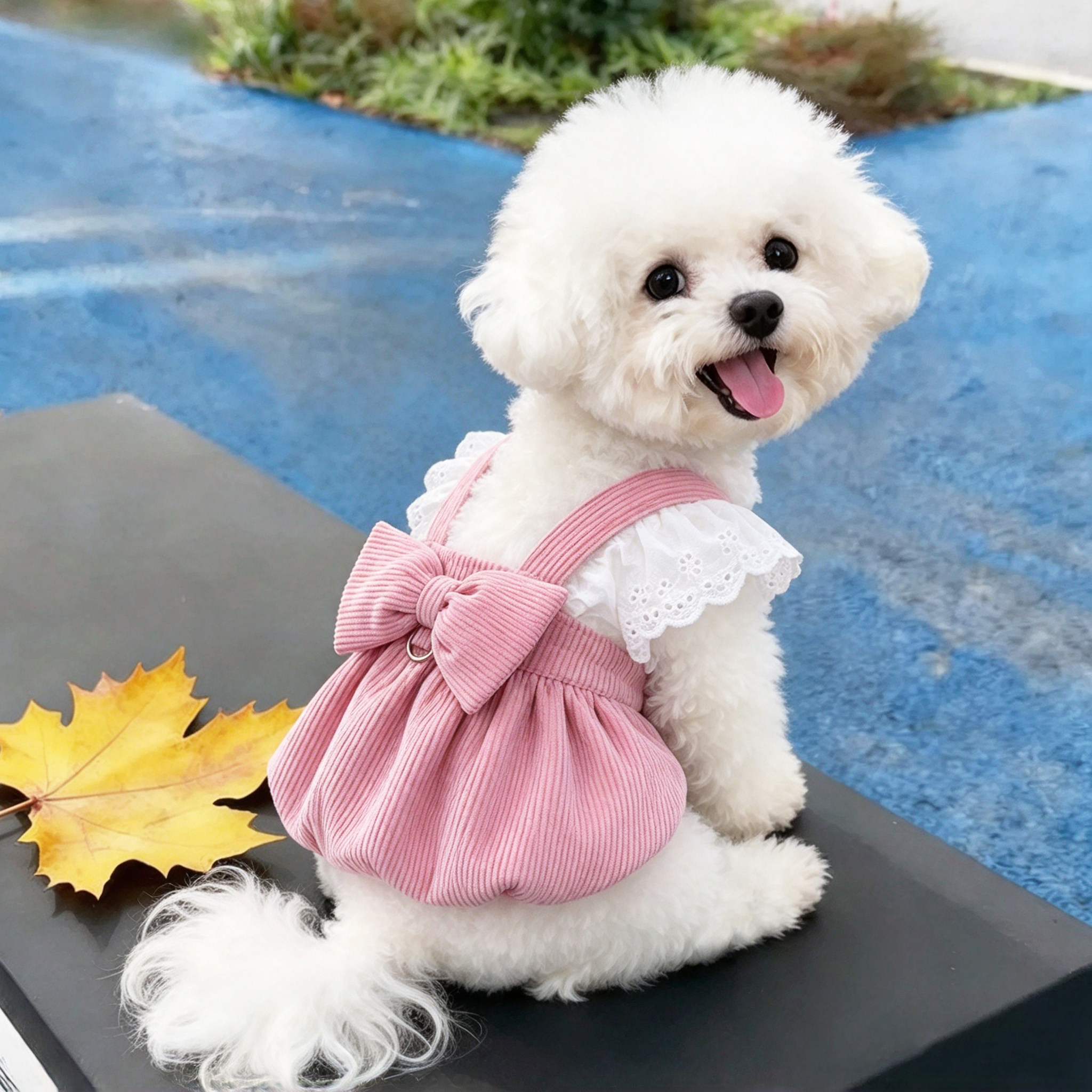 狗狗衣服裙子带牵引扣秋冬泰迪博美比熊雪纳瑞灯芯绒蕾丝公主裙子